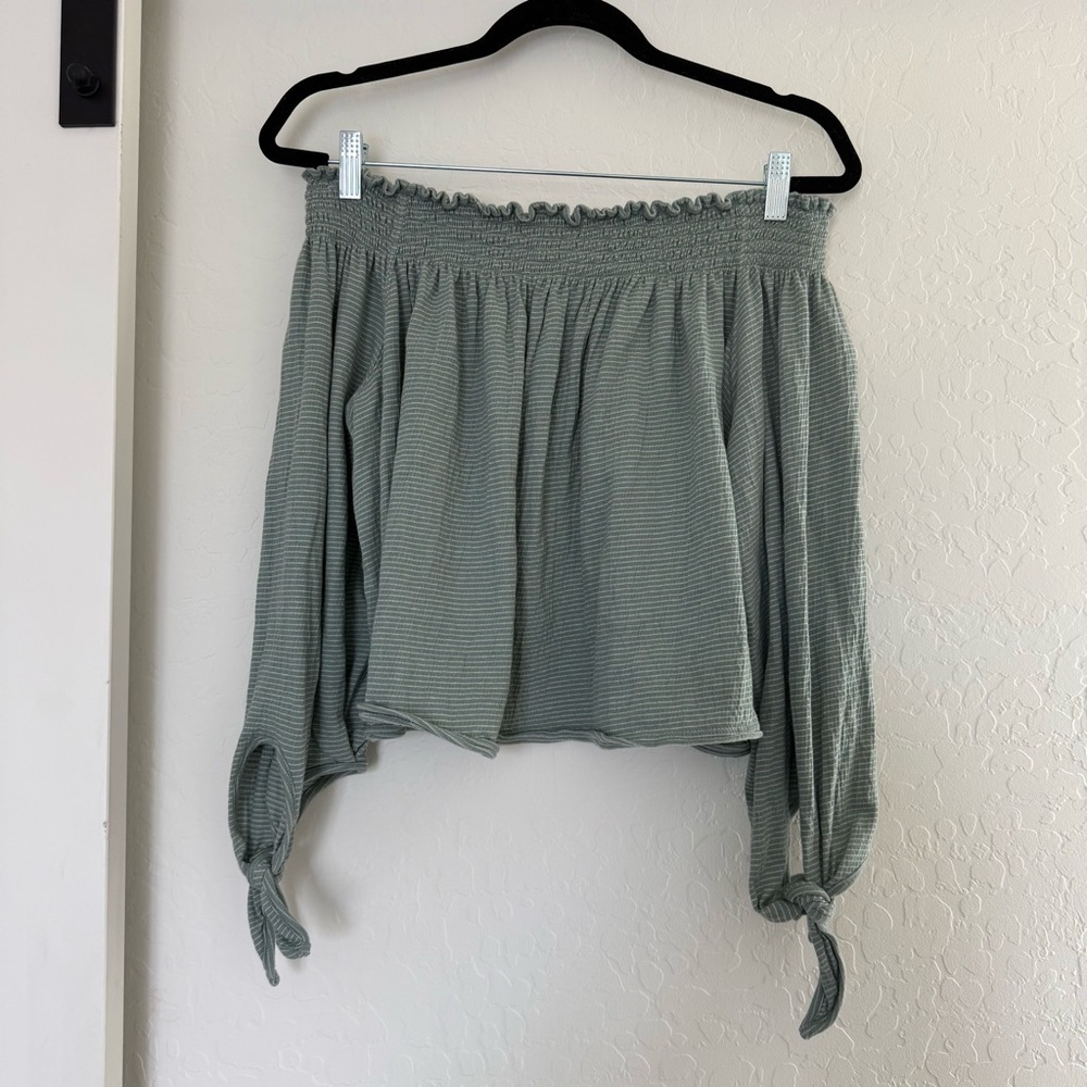 Free People We The Free Off The Shoulder Striped Smocked Blouse Green Striped